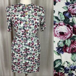 Vintage Womens Skirt Set Size 16 White Pink Rose Floral Pencil Short Sleeve 80s